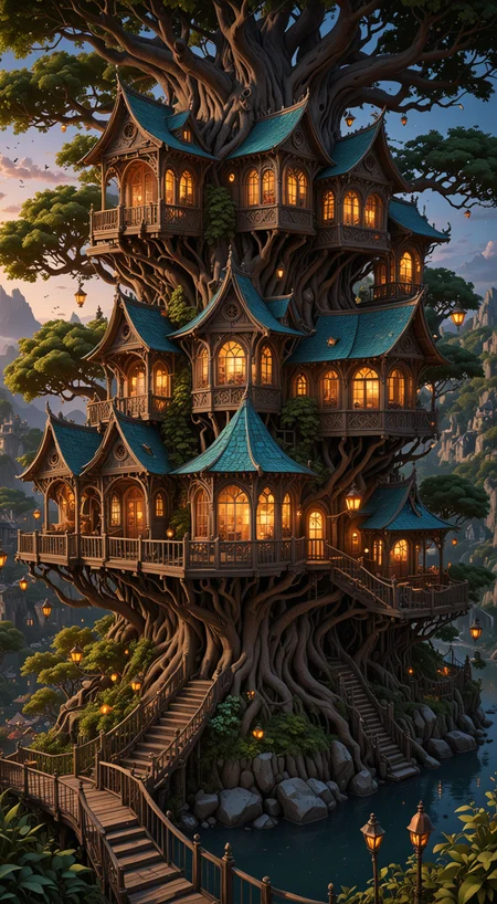a wonderous and beautiful fantasy world with the Tree House Mansion Village, Multiple Bridges, in the night, insanely detailed and intricate, hyper maximalist, elegant, hyper realistic, super detailed, vivid colours, sunrise, ornate, dynamic, articulate, 8K, <lora:3D_Framed_Wall_Art_-_By_DICE:0.6>, (Framed 3D, 3d Tree), EPIC, Painstaking Attention To Detail, UHD