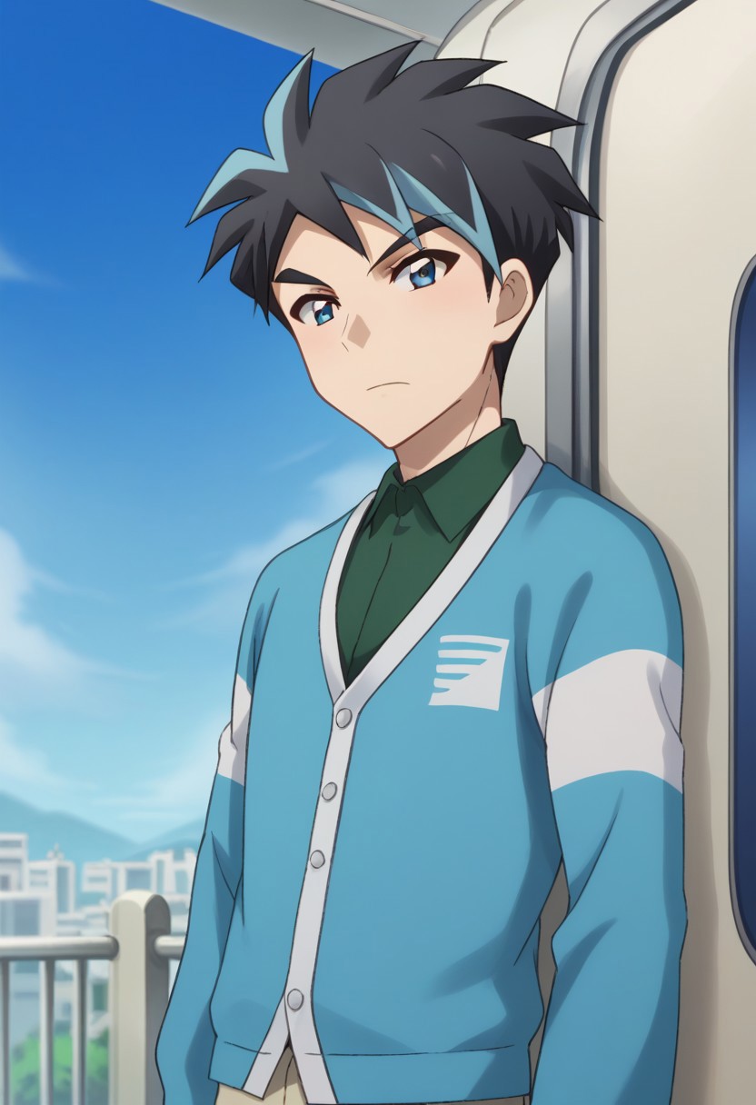 score_9, score_8_up, score_7_up, source_anime, highly detailed, 
ryuji, 1boy, male focus, solo, shirt, black hair, pants, cardigan, collared shirt, short hair, upper body, green shirt, multicolored hair, buttons, long sleeves, blue eyes, jacket, blue eyes, spiked hair, frown, bangs, two-tone hair,
outdoor, train, sky, shinkansen