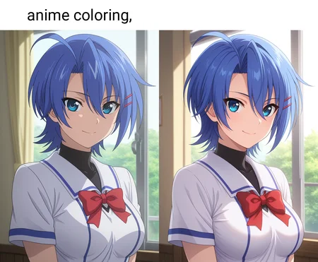 masterpiece, best quality, amazing quality, 1girl, solo, (portrait:1.2), anime coloring, junkoww, blue eyes, blue hair, short hair, hair between eyes, ahoge, hairclip, medium breasts, school uniform, turtleneck, black undershirt, white school shirt, short sleeves, red breasts bow, looking at viewer, smile, indoors, day, skindentation, detailed clothing folds, depth of field, sharp, high contrast, dynamic light <lora:Hattori_Junko_Ichiban_Ushiro_no_Daimaou_ill_v11:0.9>