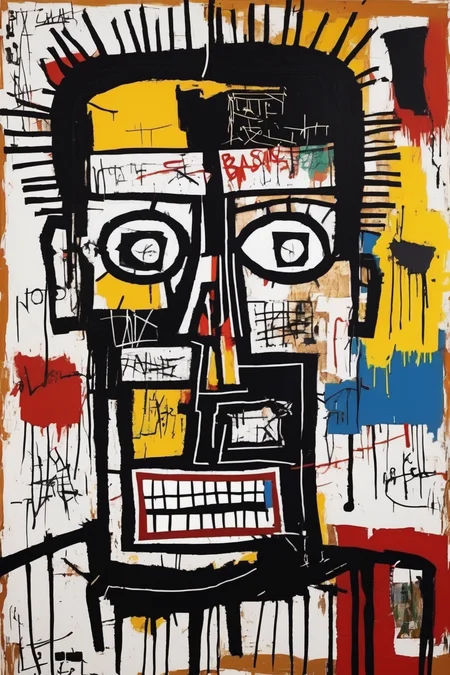 Jean-Michel Basquiat Style - A painting by Jean-Michel Basquiat, titled 'In This Case.' Create a graphic based on this artwork.