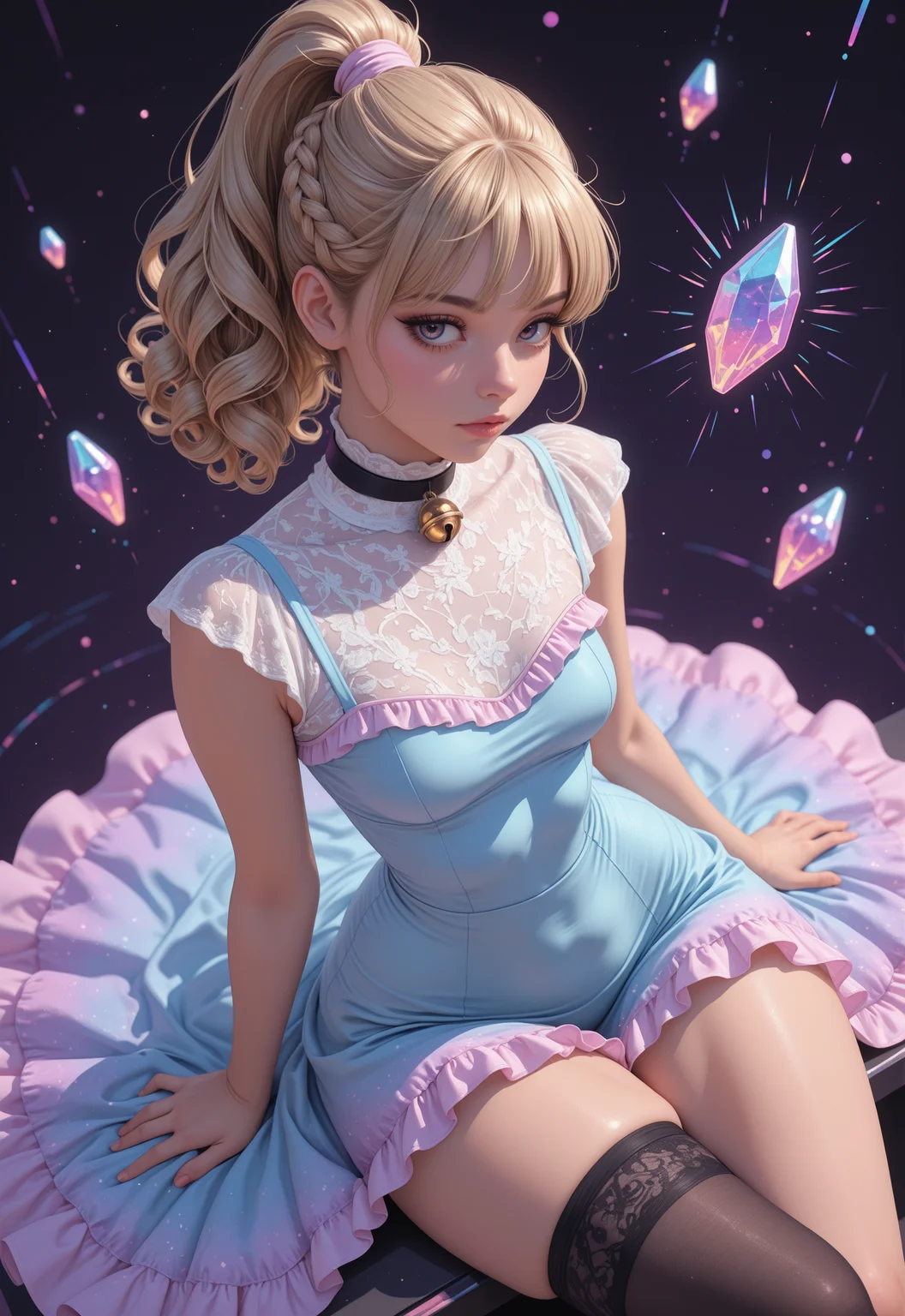 masterpiece, detailed_eyes, high_quality, best_quality, highres, absurdres, 8k, subject_focus, depth_of_field, PG,
1girl, woman, blonde_hair, brown_hair, curly_hair, ponytail with braid, long_hair, hair_behind_ear, slightly messy bangs, mascara, long_lashes, sultry_gaze, small_waist, saggy_breasts, small_breasts, wide_hips, thick_thighs, slim, (single_thighhigh), frilly_dress, turtleneck_dress, choker, bell, 
vaporwave_colors, Twilight clouds, kaleidoscopic fragments, kaleidoscopic_crystals, neon particles, black_background, flirty, legs_crossed, high_angle, dynamic_view, summer_breeze,