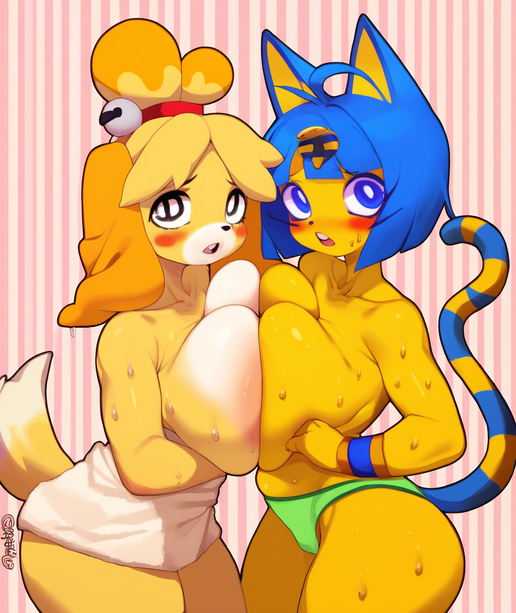 score_9, score_8_up. score_7_up, <lora:lumpypaca:1>, lumpypaca, score_9, lumpypaca, furry female, isabelle (animal crossing), multiple girls, 2girls, huge breasts, dog tail, animal ears, dog girl, breast press, blue hair, hair ornament, green panties, yellow fur, hair bell, blue eyes, topless, open mouth, underwear, blush stickers, collarbone, short hair, sweat, looking at viewer, teeth, topknot, towel, cat tail, green bikini, symmetrical docking, yellow skin, bright pupils, body fur, white pupils, striped background, twitter username, cat girl