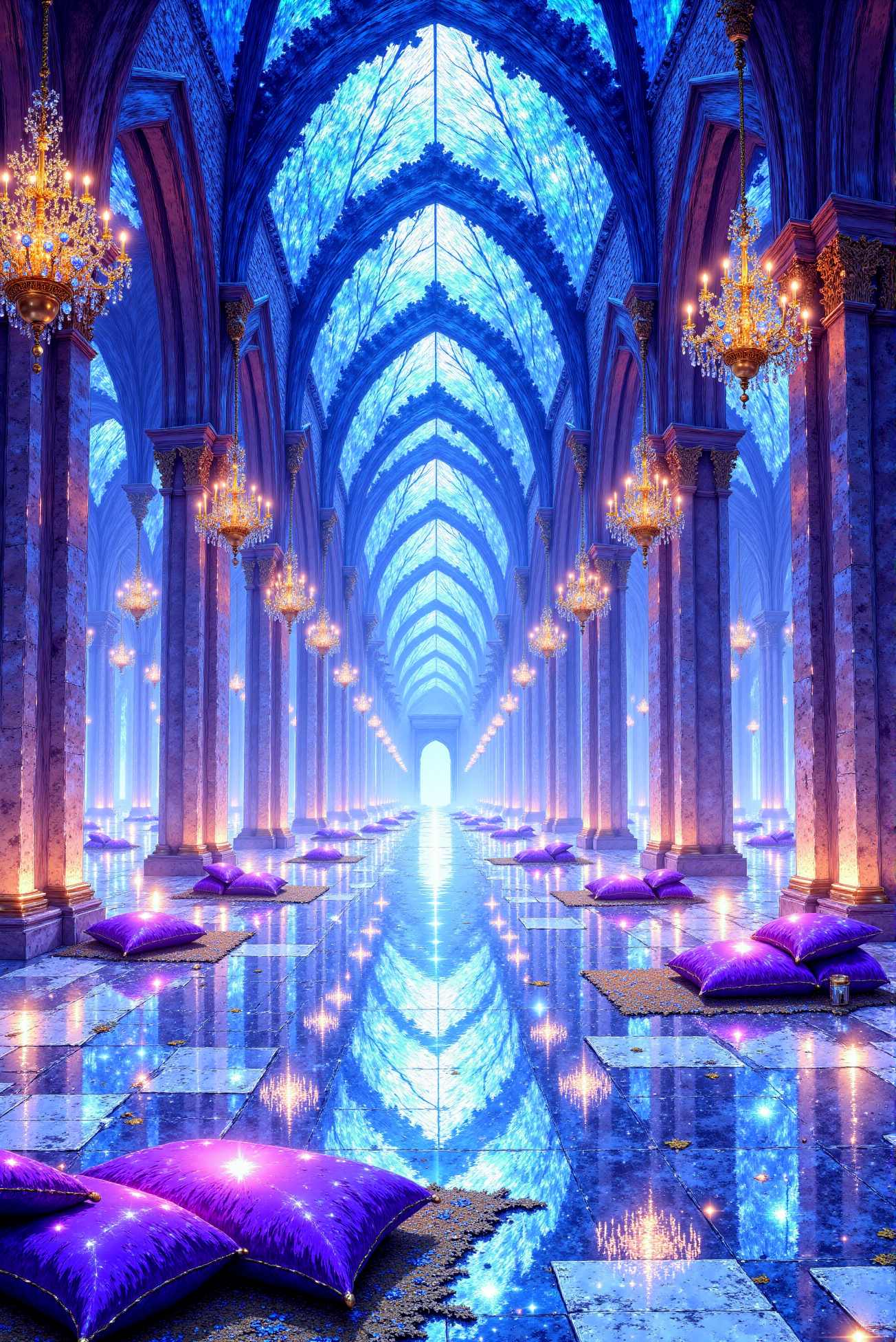 <lora:Vibrantly_Sharp_style_v.5:0.9>  Luminous Crystal Hall of Reflection. A resplendent hall crafted entirely from iridescent crystal stretches into infinity, its vaulted ceilings adorned with shimmering, mirrored mosaics. Every surface glistens with refracted light, casting prismatic reflections across the polished marble floor. Delicate chandeliers, composed of thousands of sparkling gems, hang from the arching ceilings, illuminating the space with a cool celestial glow. Plush, silken cushions rest upon intricately woven rugs, inviting visitors into this dreamlike sanctuary. The entire atmosphere is ethereal, blending high-fantasy and futuristic opulence in a scene reminiscent of an enchanted palace in a mythical realm.