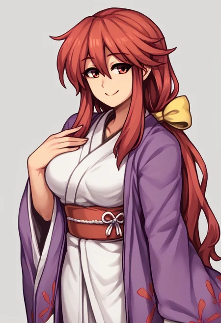score_9, score_7_up, source_anime, source_cartoon, source_explicit, BREAK, absurdres, high quality, colorful, beautiful color, exquisite color design, aesthetic, illustration, kotohime (touhou), 1girl, mature female, beauty, long hair, red hair, red eyebrows, hair between eyes, bangs, sidelocks, low-tied long hair, tied hair, low ponytail, hair bow, hair ribbon, yellow bow, yellow ribbon, red eyes, purple coat, floral print, kimono, obi, wide sleeves, smile, simple background, breasts