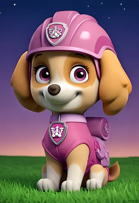 BREAK Score_9_up, Score_8_up, Score_7_up, source_anime, (sideways), skyepp, dog, feral, pink vest, pink collar, pink goggle helmet, sitting, view away from viewer, smile, night, grass,