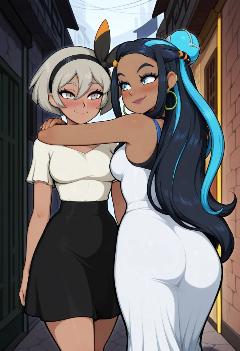 masterpiece, best quality, high resolution, absurdres, fFaceDetail,
perfecteyes, medium breasts,
2girls,
zzBea, grey eyes, grey hair, short hair, hair between eyes, black hairband,
zzNessa, dark skin, makeup, single hair bun,
walking, close together, arms around shoulders, blouse, skirt, dress, rear view, highly detailed, intricate, zzCitronLegacy, alley, village, blush, smile,