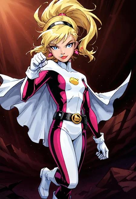 pale skin, blonde hair, long hair, hairband, ponytail, pink earrings, blue eyes, black belt, gold L* on belt, gold legion ring, short cape, white cape, white gloves, white boots, gold Saturn emblem on chest, suit1, flying, flying sideways, action pose, dynamic pose, solo, alone, masterpiece, high quality, petite, smiling, fist raised, leg tucked back, solo, alone, masterpiece, high quality, soft eyebrows,