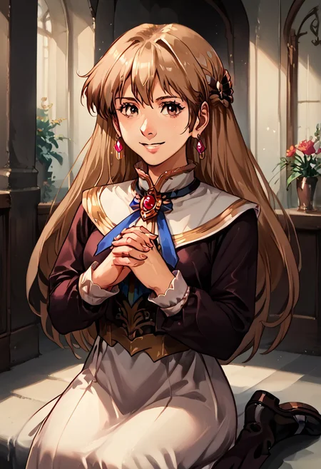 score_9, score_8_up, score_7_up, source_anime,
, (best quality) , (highly detailed) ,masterpiece ,absurdres ,detailed face ,beautiful face ,
, yui_uzuki,, 1girl, solo, long hair, earrings, looking at viewer, smile, , light brown hair, , brown eyes, , brooch,, standing, dynamic pose, own hands clasped, jewlery, brooch, bangs ribbon, long sleeves, dress, kneeling, own hands together, black dress, hair ornament, black footwear, detailed face and detailed skin <lora:add-detail-xl:1.0> ,(((feminine bodies))),(((perfect anatomy))),
best quality, masterpiece, very aesthetic, ,,(portrait, upper body),
OverallDetail