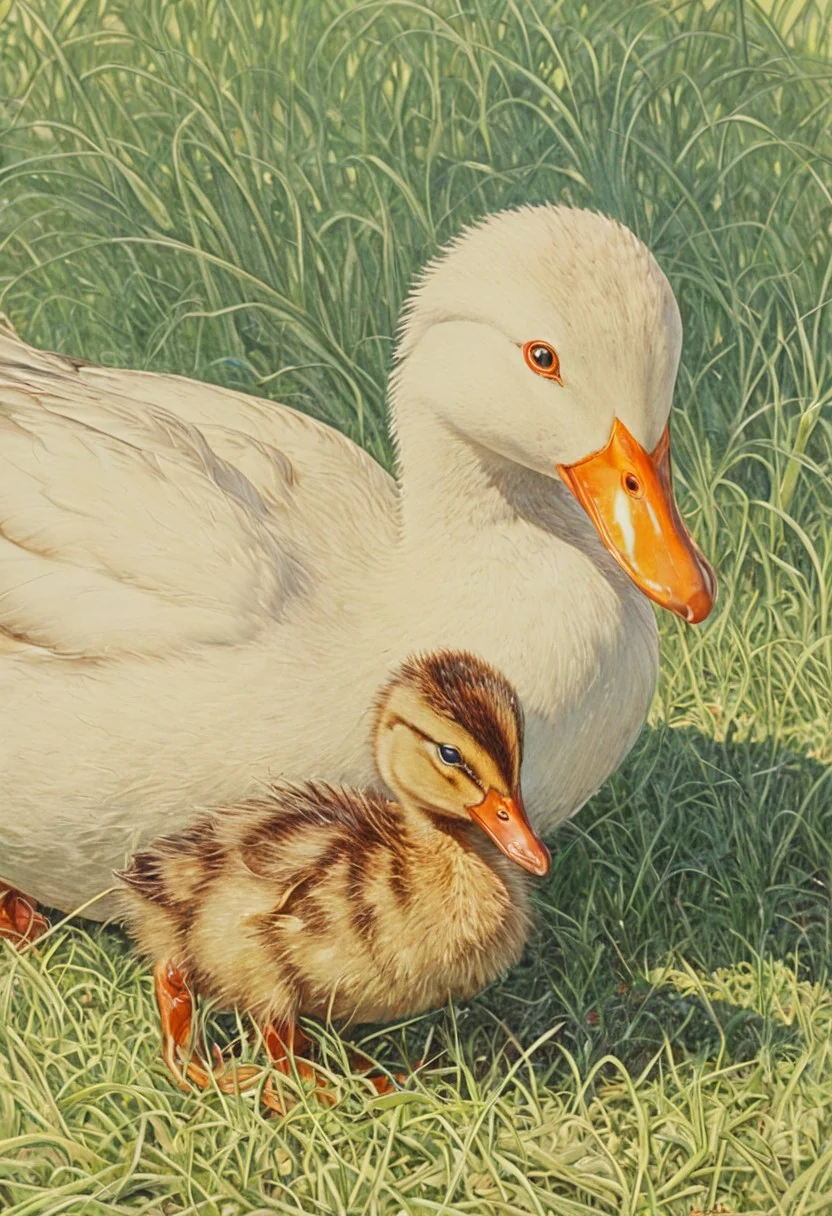 A highly detailed, hyper-realistic illustration of a duck and her duckling following her on a soft green lawn, rendered in (highly detailed), (hyper realistic), ArsMJStyle, Colored pencil hyperdetailed realism, oil painting on hard paper. The mother duck’s feathers are rendered in rich, golden-brown and soft white hues, with every feather meticulously detailed to capture their delicate texture, gleaming gently under the natural sunlight. Her expression is calm and maternal as she walks gracefully ahead, her bright orange beak slightly open.
The duckling, small and fluffy, follows closely behind, its soft yellow down rendered with intricate detailing that captures the softness and lightness of its feathers. The ground beneath them is a vibrant green lawn, with soft grass blades gently swaying in the breeze, and sunlight casting dappled shadows across the scene.
BREAK the background features warm sunlight filtering through trees, casting a golden glow that gently illuminates the scene. Fluffy clouds drift lazily across the sky, blending seamlessly with soft pastel hues, creating a serene and tranquil ambiance. The artistic balance of realism and softness in texture, material, and color application gives this piece an enchanting, peaceful quality.