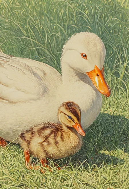 A highly detailed, hyper-realistic illustration of a duck and her duckling following her on a soft green lawn, rendered in (highly detailed), (hyper realistic), ArsMJStyle, Colored pencil hyperdetailed realism, oil painting on hard paper. The mother duck’s feathers are rendered in rich, golden-brown and soft white hues, with every feather meticulously detailed to capture their delicate texture, gleaming gently under the natural sunlight. Her expression is calm and maternal as she walks gracefully ahead, her bright orange beak slightly open.
The duckling, small and fluffy, follows closely behind, its soft yellow down rendered with intricate detailing that captures the softness and lightness of its feathers. The ground beneath them is a vibrant green lawn, with soft grass blades gently swaying in the breeze, and sunlight casting dappled shadows across the scene.
BREAK the background features warm sunlight filtering through trees, casting a golden glow that gently illuminates the scene. Fluffy clouds drift lazily across the sky, blending seamlessly with soft pastel hues, creating a serene and tranquil ambiance. The artistic balance of realism and softness in texture, material, and color application gives this piece an enchanting, peaceful quality.
