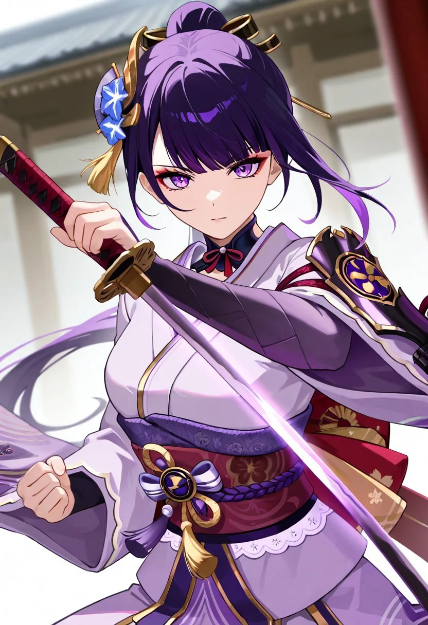 masterpiece, best quality, good quality, very aesthetic, absurdres, newest, detailed eyes, detailed face, detailed skin, 1girl, solo, character focus, shogun, kimono, traditional outfit, hair ornament, japanese sword, dramatic pose, depth of field, dutch angle