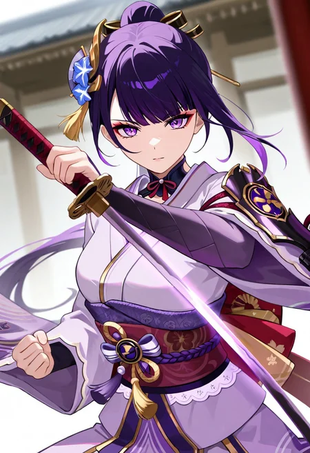 masterpiece, best quality, good quality, very aesthetic, absurdres, newest, detailed eyes, detailed face, detailed skin, 1girl, solo, character focus, shogun, kimono, traditional outfit, hair ornament, japanese sword, dramatic pose, depth of field, dutch angle