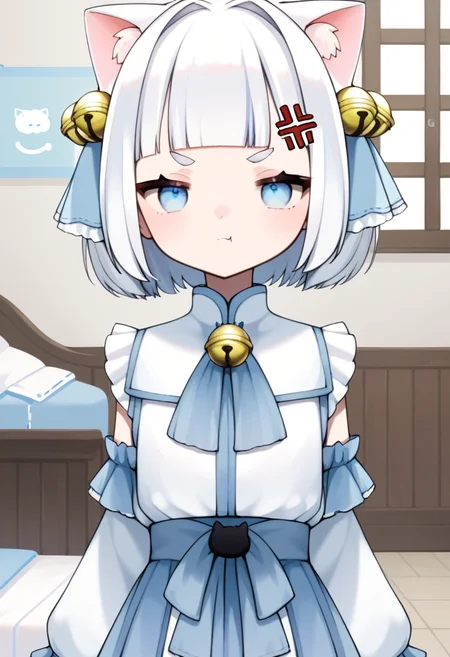 score_9, score_8_up, score_7_up, source_anime, 1girl, kasii, <lora:Kasii:1>, looking at viewer, annoyed, indoors, white hair, cat ears, cowboy shot, round eyebrows, feet out of frame, bells, solo, white eyebrows,