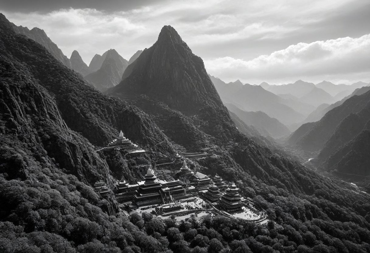 landscape, (black and white, b&w, chrome, monochrome, greyscale, grain), science fiction, breathtaking (otherworldly),highly insanely detailed,masterpiece,top quality,best quality,highres,4k,8k,RAW photo,(beautiful and aesthetic),Fantasy style,oriental scenery,wonderland,vista,clouds,mountains,Buddha light,giant Buddha,Silhouettes of people,dazzling,rich colors,<lora:add_detail:0.7>,(mewkledreamy:1.1), . award-winning, professional, highly detailed