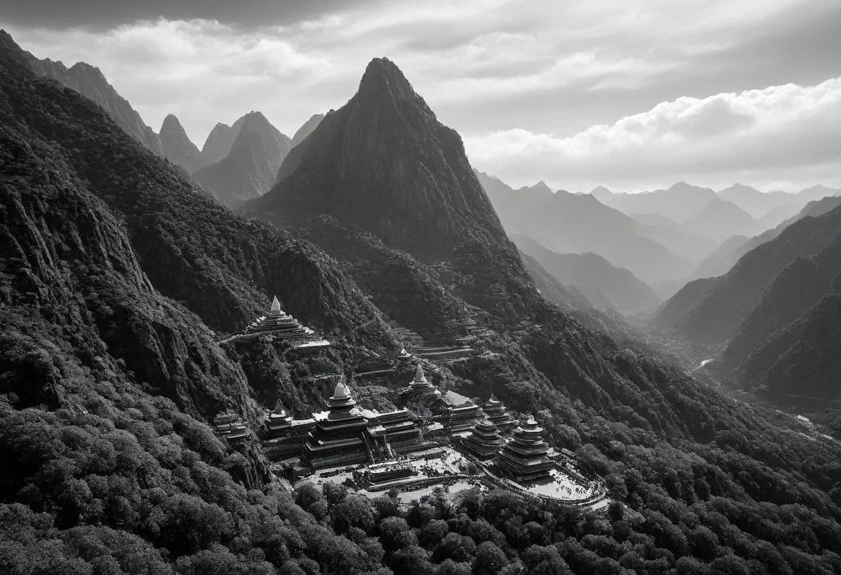 landscape, (black and white, b&w, chrome, monochrome, greyscale, grain), science fiction, breathtaking (otherworldly),highly insanely detailed,masterpiece,top quality,best quality,highres,4k,8k,RAW photo,(beautiful and aesthetic),Fantasy style,oriental scenery,wonderland,vista,clouds,mountains,Buddha light,giant Buddha,Silhouettes of people,dazzling,rich colors,<lora:add_detail:0.7>,(mewkledreamy:1.1), . award-winning, professional, highly detailed
