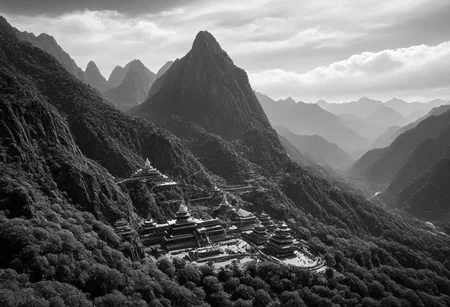 landscape, (black and white, b&w, chrome, monochrome, greyscale, grain), science fiction, breathtaking (otherworldly),highly insanely detailed,masterpiece,top quality,best quality,highres,4k,8k,RAW photo,(beautiful and aesthetic),Fantasy style,oriental scenery,wonderland,vista,clouds,mountains,Buddha light,giant Buddha,Silhouettes of people,dazzling,rich colors,<lora:add_detail:0.7>,(mewkledreamy:1.1), . award-winning, professional, highly detailed