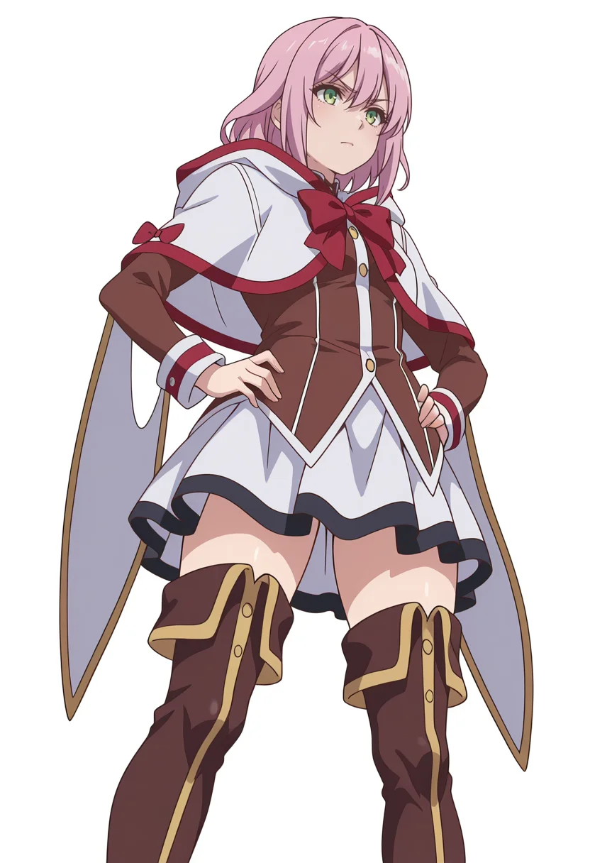 Smooth Quality,masterpiece,very intricate, high quality details, ultra realistic, high detailed skin,detailed enviorement,absurdres,
simple background, white background,
,from below,in heat,standing, hands on hips, feet apart, determined, looking forward,  ,
 <lora:Jioral_Norn_Clatalissa_cnn:0.8>norncnn,1girl,short hair, hair between eyes, bangs, green eyes, pink hair,
white capelet, hooded capelet, long sleeves, skirt, thighhighs, thigh boots, red bow,