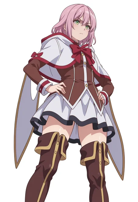 Smooth Quality,masterpiece,very intricate, high quality details, ultra realistic, high detailed skin,detailed enviorement,absurdres,
simple background, white background,
,from below,in heat,standing, hands on hips, feet apart, determined, looking forward,  ,
 <lora:Jioral_Norn_Clatalissa_cnn:0.8>norncnn,1girl,short hair, hair between eyes, bangs, green eyes, pink hair,
white capelet, hooded capelet, long sleeves, skirt, thighhighs, thigh boots, red bow,