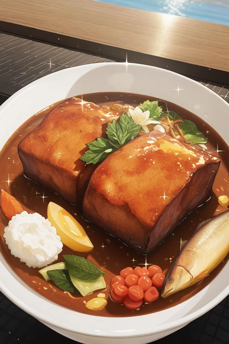 realistic shading, natural lighting, food focus, dafoodie, sparkling food focus, sparkle, delicious curry, fish-meat in soup, partially submerged, white bowl, outdoors restaurant, dutch angle, dynamic angle, intricately detailed illustration, depth of field, atmospheric perspective, masterpiece, best quality, amazing quality, very aesthetic, absurdres, newest