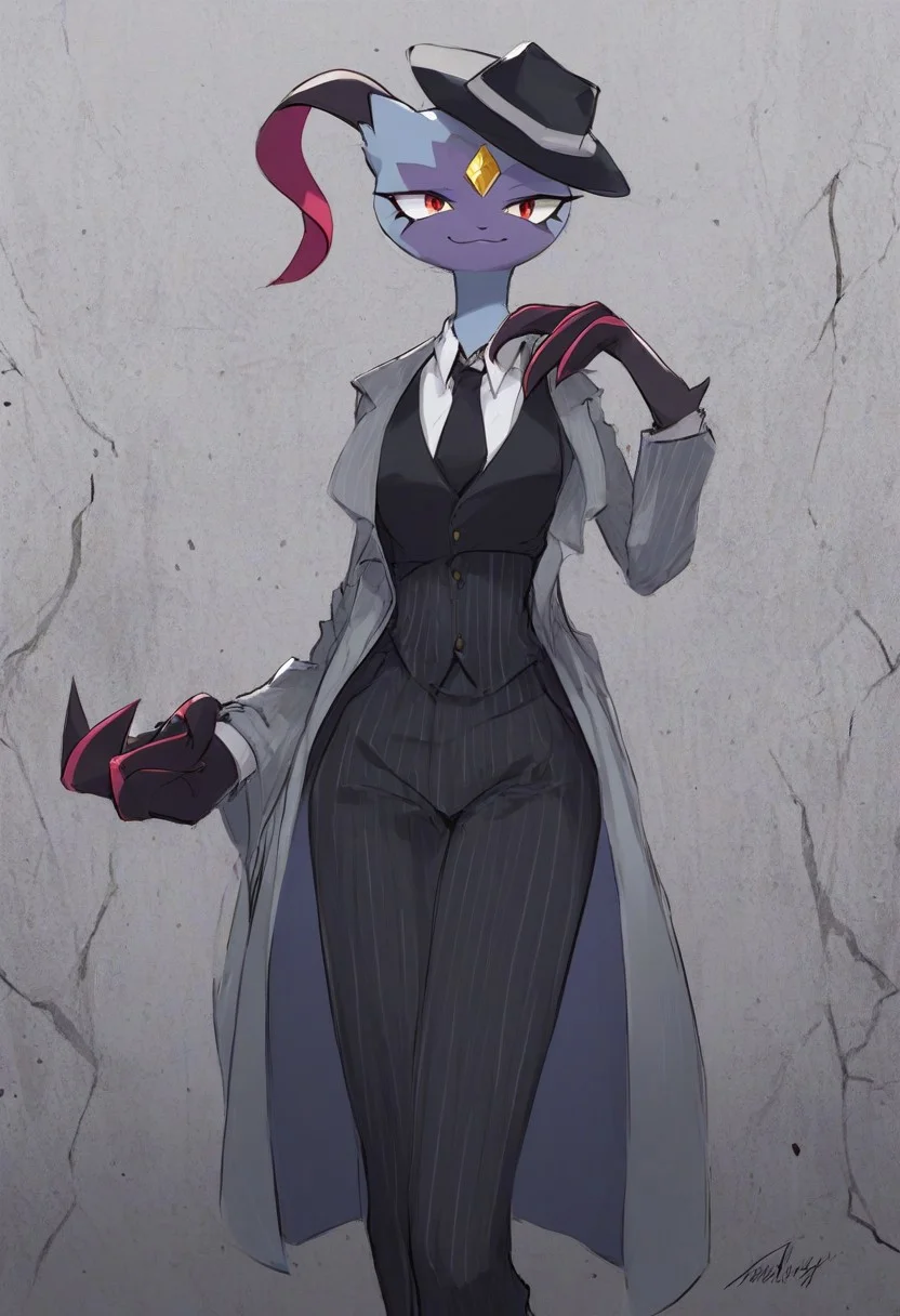 score_9, score_8_up, toony, Sneasler, grey body, big claws, one long ear, red eyes, 1girl, furry female, solo, pokemon(creature), tall, smile, forehead jewel, body fur, wide hips, small waist, BREAK, Pinstripe Suit, mafia suit, hat, mafi4, necktie, gloves, suit, fedora, white shirt, black vest, coat, concrete background, spotlight