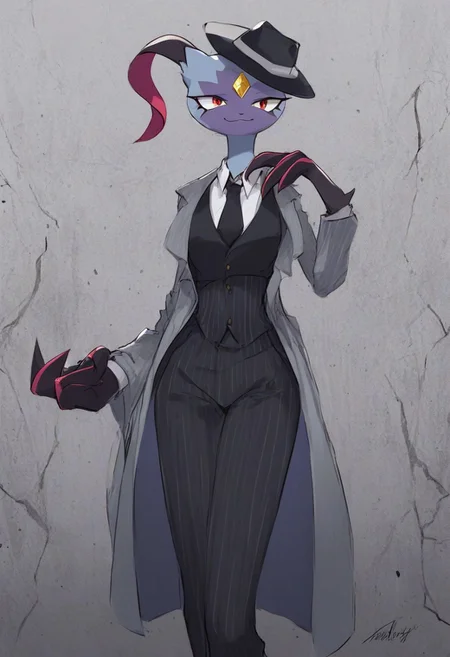 score_9, score_8_up, toony, Sneasler, grey body, big claws, one long ear, red eyes, 1girl, furry female, solo, pokemon(creature), tall, smile, forehead jewel, body fur, wide hips, small waist, BREAK, Pinstripe Suit, mafia suit, hat, mafi4, necktie, gloves, suit, fedora, white shirt, black vest, coat, concrete background, spotlight