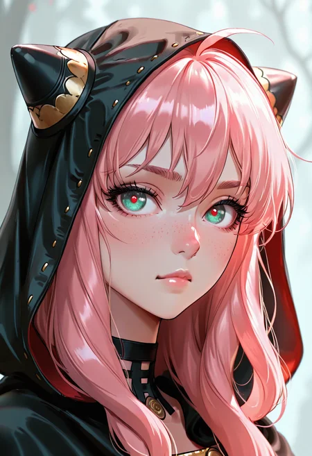 masterpiece, best quality, 1girl, solo, eyelashes, (beautiful eyes),     zzAnya, green eyes, hair between eyes, ahoge, pink hair, long hair, hair ornament, hairpods,    ,<lora:AdultAnyaIXL:1.0>,   <lora:FluxieStyle_IXL:1.0>, F1uxi3, 1girl, solo, looking at viewer, closed mouth, hood, mole, blurry, lips, eyelashes, portrait, veil, cloak, hood up, freckles, nose, 1girl, black hair, red eyes, black choker,