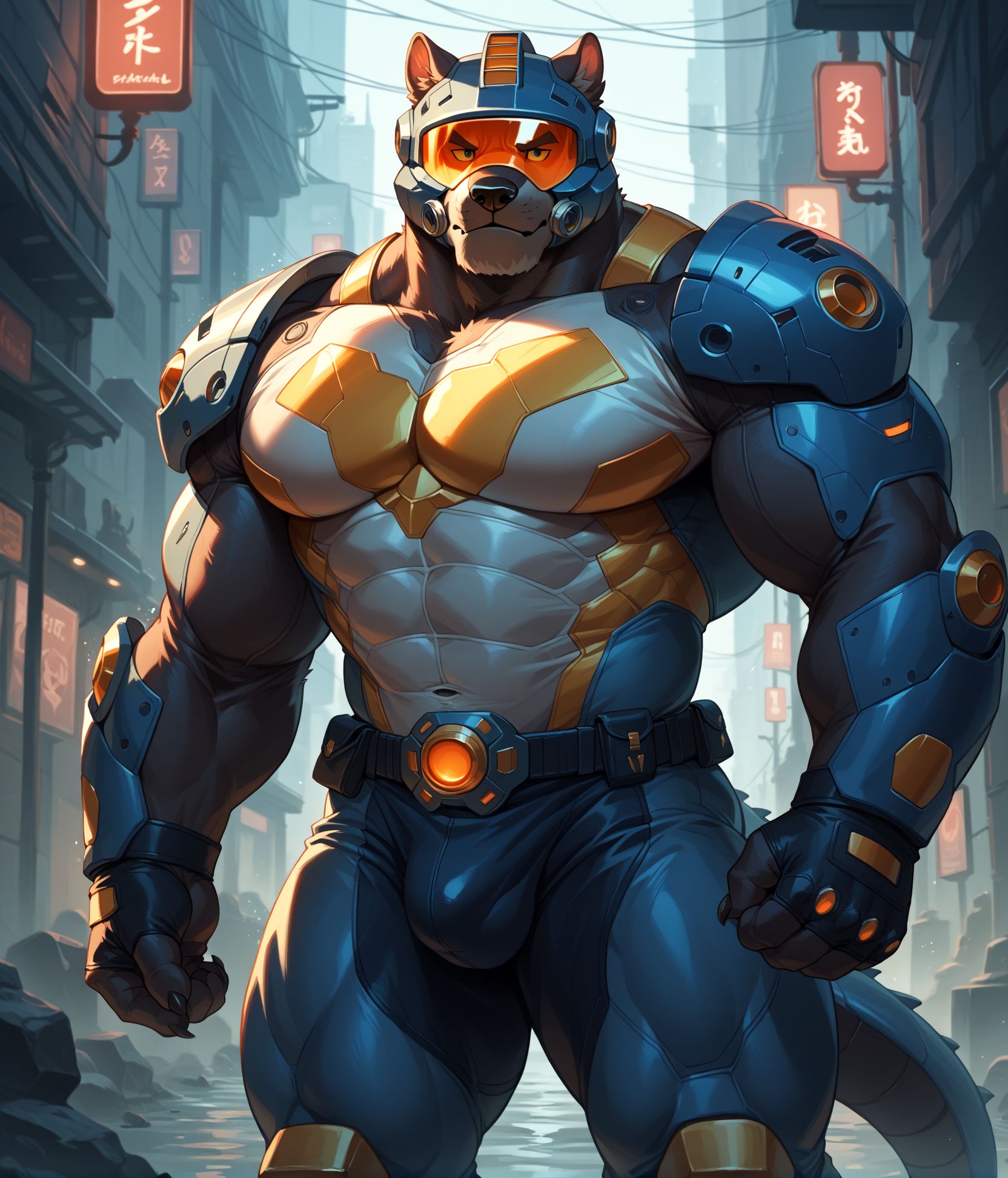 score_9,score_8_up,score_7_up,score_6_up,furry,kemono,high quality,tail,rating_explicit,embedding:zPDXL3 BREAK male furry,(bara),huge plump Chest Muscles,perfect anatomy,
Image depicts a futuristic, cyberpunk-style warrior standing in a neon-lit urban environment. The subject is clad in an elaborate, dark armored suit with intricate details and glowing gold accents. The helmet features sharp, angular designs with a menacing, visor-covered face. The armor includes various technological components in white and gold on the chest and arm. the overall aesthetic is dark and imposing. The background showcases a rainy city. Black Smoke emanating from behind ,high-rise,tights,sfw