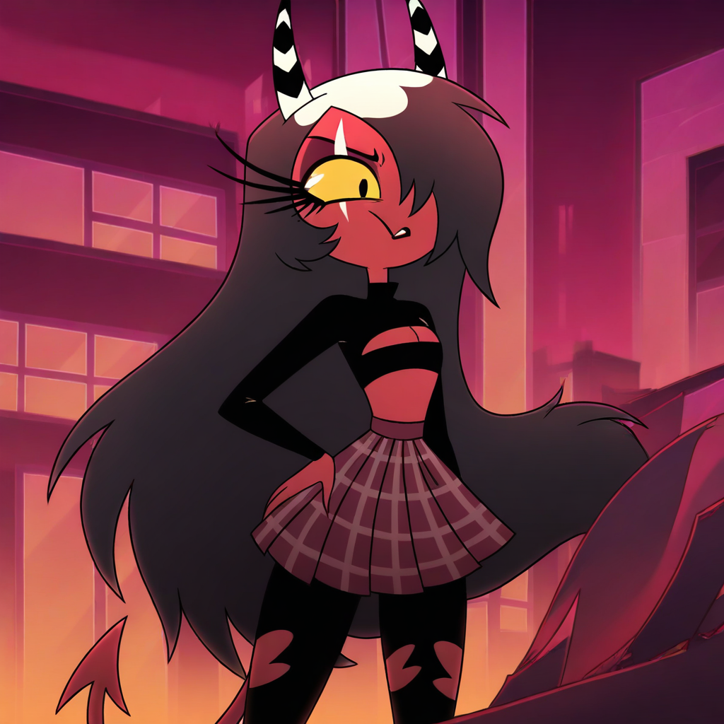 masterpiece, best quality, newest, absurdres, highres, anime, anime style, 1girl, SMHBS-V1.0, demon girl, red skin, red colored skin, skirt, short skirt, torn legging, torn tights, hair over one eye, clevage, clevage cutout, clothing cutout, very long hair, yellow sclera, colored sclera, tail,