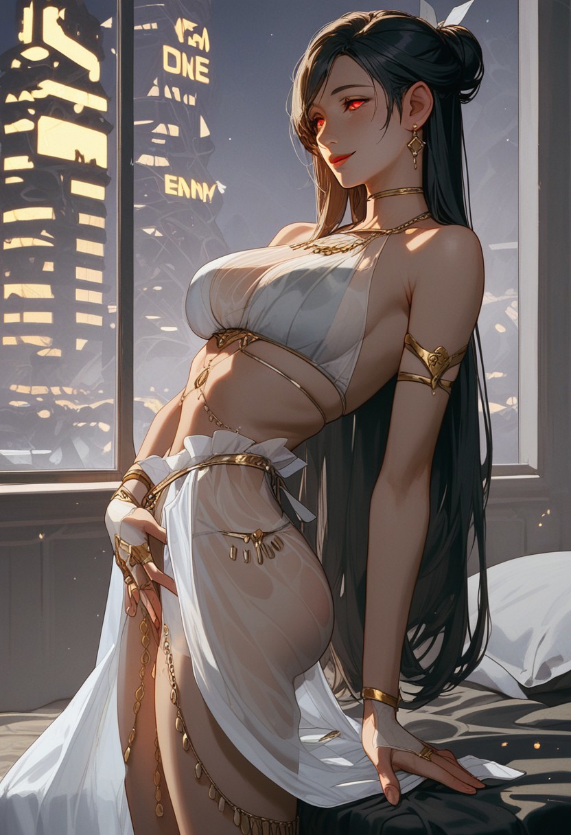 score_9, score_8_up, score_7_up, masterpiece, high quality, ultra detailed, absurdres, Expressiveh, negative_hand, g0thicPXL, neon BREAK 1girl, 18 year old girl, youthful face, slim figure, medium boobs, round butt, tifa lockhart, red eyes, black hair, long hair, earrings, PassionTifa, see-through white sarong, gold jewelry BREAK bedroom, purple bedsheets, late night, neon city outside window, posing, sexy, standing, breasts focus, seductive