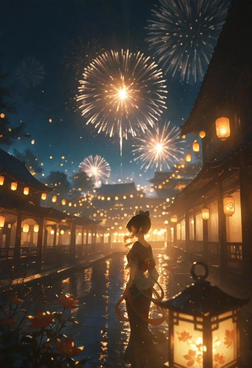 masterpiece, best quality, absurdres, very awa, absurdres,Chinese building, outside, lantern, night sky, flowers,wide shot,background,masterpiece, very aesthetic, absurdres, dimly lit, laterns, warm light,((impressionism, excellent depth of field, partly realistic texture, dramatic lighting)), sharp focus, newest,fireworks,night sky,lantern festival, blurry background, character focus
BREAK
chaner,,close-up, elegant