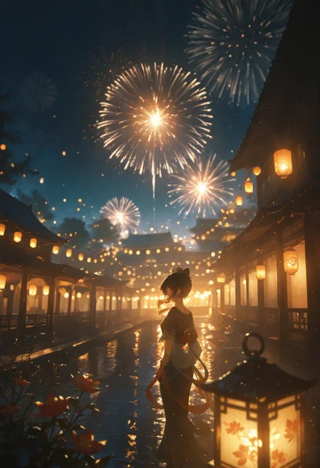 masterpiece, best quality, absurdres, very awa, absurdres,Chinese building, outside, lantern, night sky, flowers,wide shot,background,masterpiece, very aesthetic, absurdres, dimly lit, laterns, warm light,((impressionism, excellent depth of field, partly realistic texture, dramatic lighting)), sharp focus, newest,fireworks,night sky,lantern festival, blurry background, character focus
BREAK
chaner,,close-up, elegant