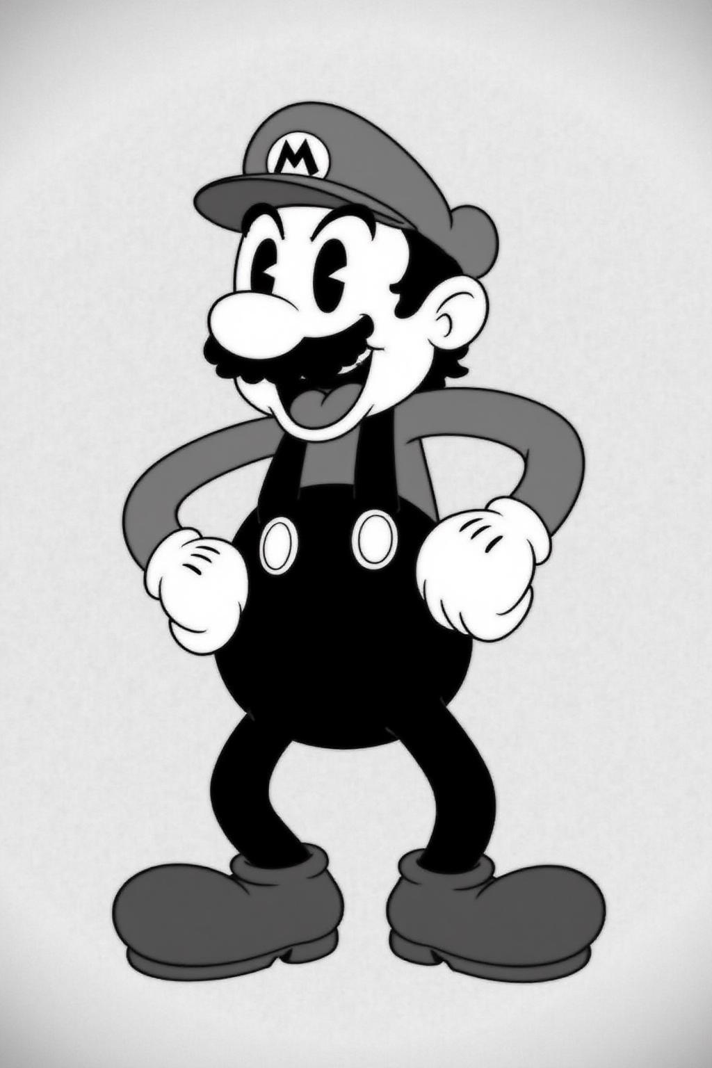 rubber hose animation style.
Monochrome image of a man dressed as Super Mario, standing confidently with arms akimbo. He wears a cap with the 'M' logo, black overalls, and white gloves. <lora:rubberhose1_cap_d8a4:1.0><lora:844376427349656741:0>