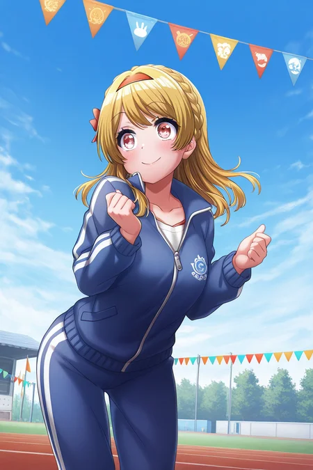 masterpiece, best quality, amazing quality,
<lora:RinkuV2_IL:1> rinku, 1girl, blonde hair, outdoors, solo, braid, track suit, pants, jacket, sky, smile, day, blue jacket, hairband, collarbone, string of flags, blue sky