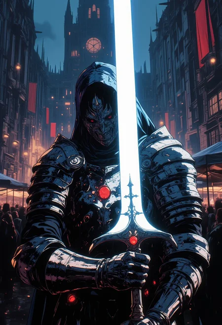 fantasy stylised illustration, anime style, rainy, wet, cinematic, close up, ultra realistic, dynamic pose, perfect composition, covered in shadows thin person in a dark clothes, church top background, standing tall, dense crowd behind of different knights, helmet with bright red gem. holding huge (wide sword) smooth sword in front, sword covering half of his face, extremely bright glowing sword, (white glow radiates), intricate, extremely detailed armor, bright white stripes, muscular but thin hands, sharp edges, polished reflective armor of 17512346t, spiral pouldrons, spiral shoulders, design of armor is 8123471 on chest, chestplate of 12458156. ornate shoulders with crosses, looking down, expressive, stature is agile and very graceful, incredible,