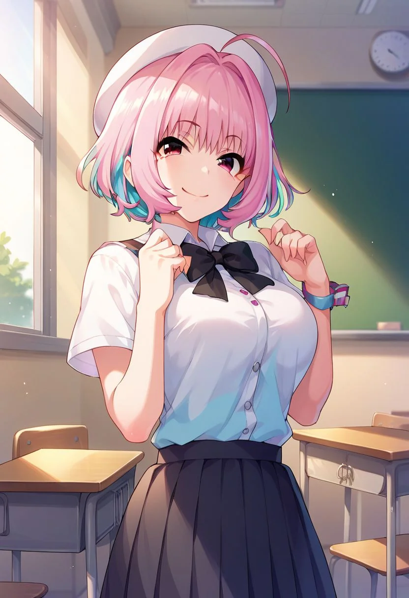 score_9, score_8_up, score_7_up,yumemi riamu, pink hair, ahoge, short hair, pink eyes, 1girl, indoors, solo, classroom, smile, hat, looking at viewer