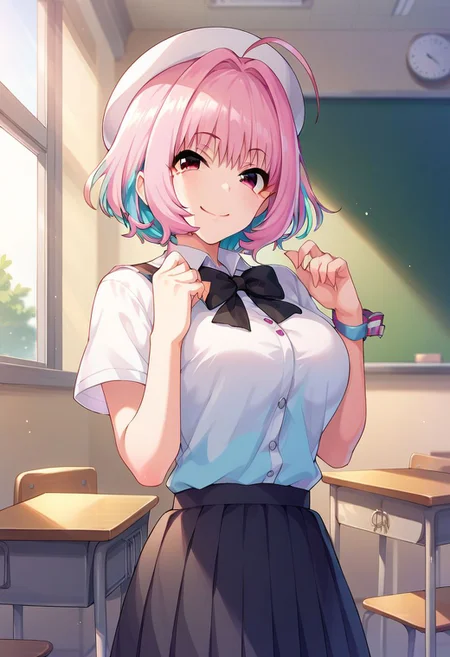 score_9, score_8_up, score_7_up,yumemi riamu, pink hair, ahoge, short hair, pink eyes, 1girl, indoors, solo, classroom, smile, hat, looking at viewer