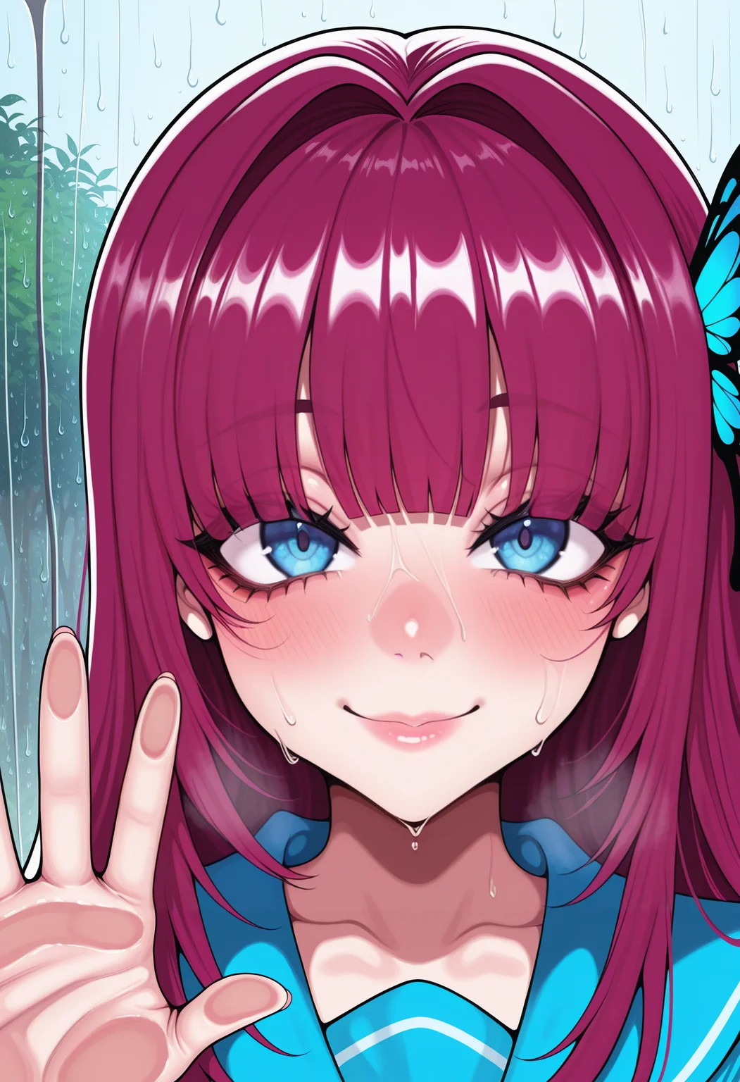 <lora:mixed:1>, STYLE_M1X, masterpiece, absurdres,amazing quality, best quality, extremely detailed, detailed background,1girl,against glass,blue eyes,blunt bangs,blush,butterfly hair ornament,close-up,closed mouth,different reflection,eyes visible through hair,hair intakes,hair ornament,hand on glass,hand up,long hair,looking at viewer,open mouth,outstretched hand,photoshop (medium),purple hair,rain,reflection,school uniform,smile,solo,water drop, illustration