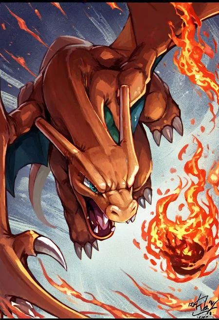 score_9_up, score_8_up, score_7_up, Score_6_up, Score_5_up, Score_4_up, source_anime, (masterpiece, perfectly detailed, detailed face, detailed eyes, beautiful eyes), 8K, extremely detailed, perfect face, PokeMaster_PS, charizard_pokemon, charizard, pokemon (creature), no humans, open mouth, tongue, signature, flame-tipped tail, fangs, claws, letterboxed, breathing fire