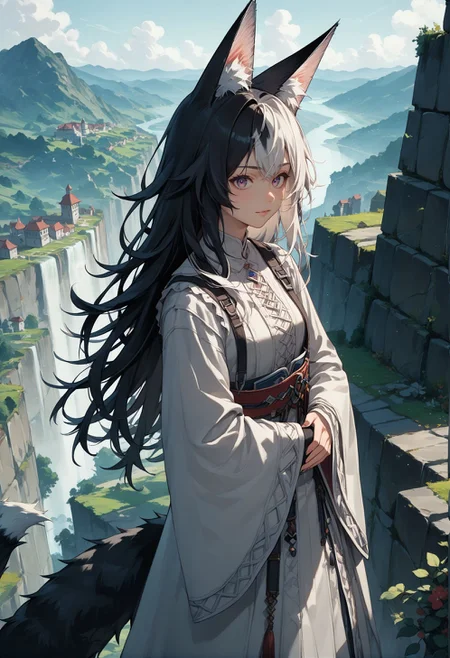 score_9, score_8_up, score_7_up, best quapoty, highres, absurdres, source_anime, 1girl, nemu, tail, <lora:Nemu_One_Of_My_AI_Dungeon:0.8>, Standing at the edge of a cliff, she spreads her arms wide, embracing the vast horizon