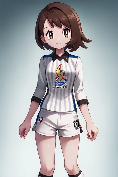 high resolution, highly detailed, perfect lighting, beautiful detailed eyes, ((masterpiece,best quality)), absurdres,      smile,  solo,  <lora:Gloria_Pokemon_P1:0.8>,      gloria (pokemon),  gloriaUniform, collared shirt, white socks, white shorts, short shorts, kneehighs, striped shirt, print shirt, vertical stripes,