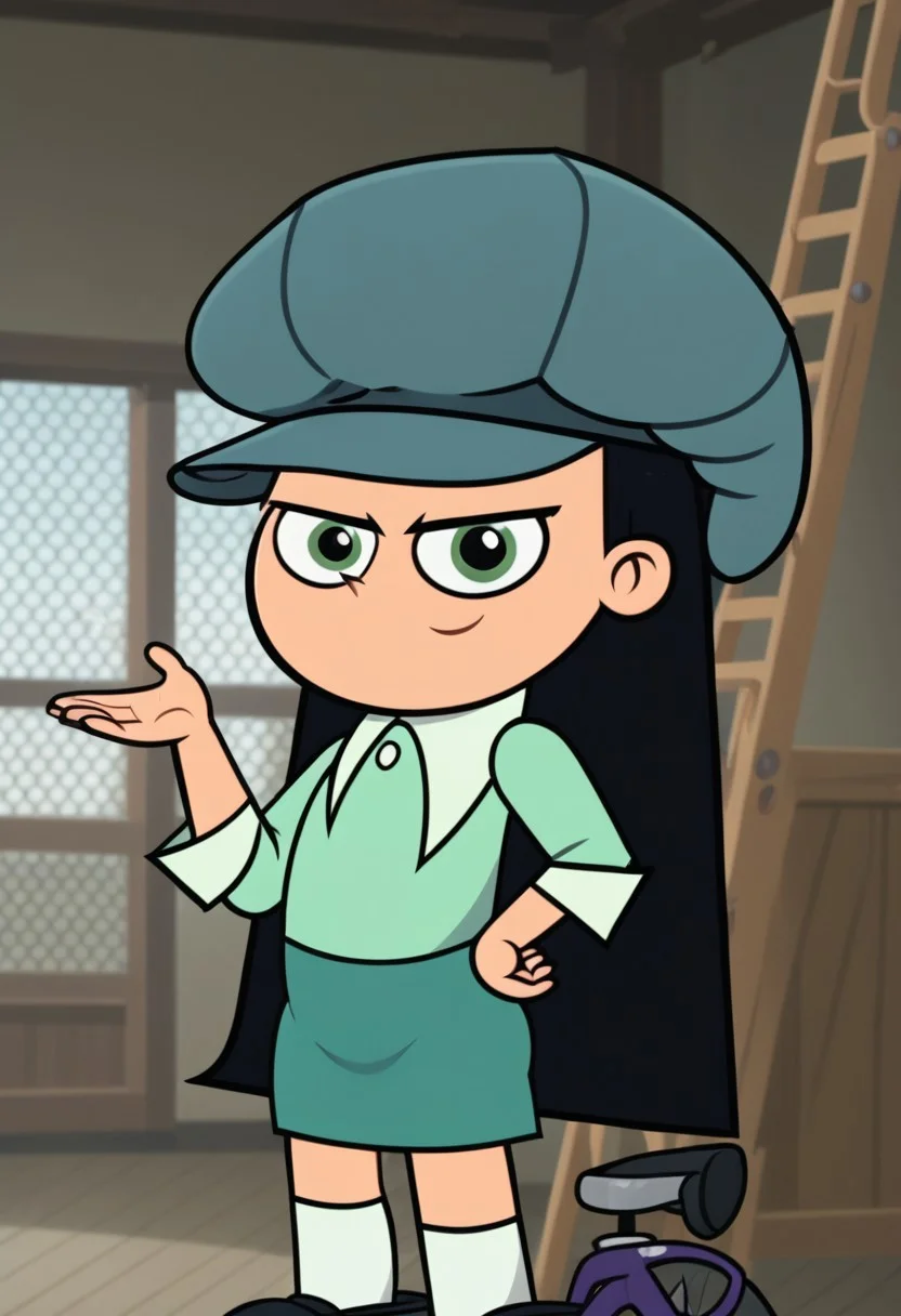 ((room background)),score_9, score_8_up, score_7_up,
1girl, solo, Penelope_KB, fair skin, green eyes, black hair, long straight hair, blue gray newsboy cap, pastel-green long sleeve shirt with white collar, ocean green skirt, white socks, black shoes, big eyes, cute, short stature, social smile, perfect eyes, perfect smile, looking at the viewer, detailed eyes, perfect eyes, standing, five fingers, perfect hands, fullbody,