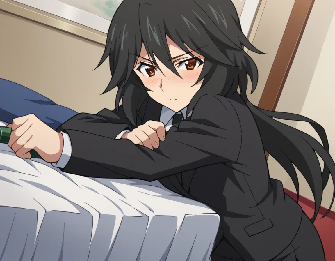 score_9, score_8_up, score_7_up, source_anime,
chifuyuorimura, <lora:chifuyu-orimura-s2-ponyxl-lora-nochekaiser:1>,
chifuyu orimura, long hair, bangs, black hair, hair between eyes, brown eyes,
skirt, shirt, long sleeves, jacket, white shirt, necktie, black skirt, black jacket, formal, suit, black necktie, pencil skirt, skirt suit,
indoors, bed, bed room, on side, blush, drunk,
looking at viewer, cowboy shot, solo, dutch angle,