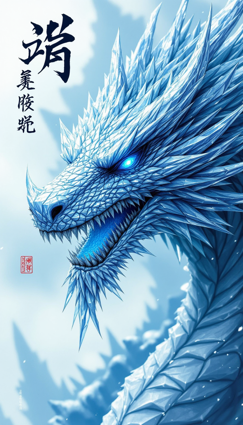 pinkfluxproultrafantasia,
Super detailed high quality 32K resolution, Pose: A stunning close-up of the fierce, icy head of an Eastern dragon, its sharp snout thrust forward and jaws slightly ajar, revealing frost-coated, razor-sharp fangs. Its face is layered with shimmering silver and icy-blue scales, each intricately textured and glowing faintly with an ethereal, frozen energy, Facial Expression: Piercing, glacial eyes burn with cold intensity beneath arched, frost-laden horns. The dragonâs expression exudes power and menace, icy vapor curling from its nostrils and around its jagged teeth, Created by Sasan. Clothing: The dragon wears no clothing, its natural icy scales serving as its regal armor, reflecting hues of cobalt, pale frost, and shimmering white, reminiscent of a frozen tundra lit by the soft light of an arctic dawn, Accessories: Shards of crystalline ice hang from its ridges and horns, while dynamic, ink-style swirls of icy-blue paint and bold Chinese calligraphy (å¯éä¹æ¯) accentuate the composition, blending seamlessly into its frosted form, Background and Style: The backdrop is a storm of icy winds and splattered frost-like brush strokes, evoking the raw beauty of traditional East Asian ink artistry infused with a modern, high-fantasy aesthetic. The dragon's regal menace is amplified by the interplay of sharp contrasts and icy textures, with every detail rendered in breathtaking clarity,