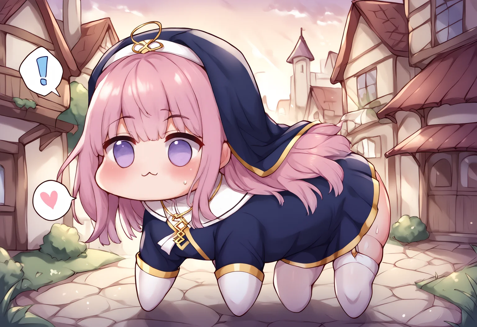 score_9, score_8_up, score_7_up, score_6_up, score_5_up, score_4_up, source_anime, uncensored, zPDXLxxx <lora:intricate_details:1> intricate_details_xl, outdoors, town, sunlight, sunbeam, depth of field,
<lora:Enishia_Binding_Brand_v1-000040:0.7> Enishia, 1girl, solo, long hair, pink hair, blue eyes, purple eyes, miniskirt habit, white thighhighs, garter straps, necklace, cross, jewelry, puffy sleeves, spoken heart, spoken exclamation mark,
<lora:Doro_X_PDXL_V1:1> doro, creature, :3, chibi, no humans, four legs, solid circle eyes, no pupils