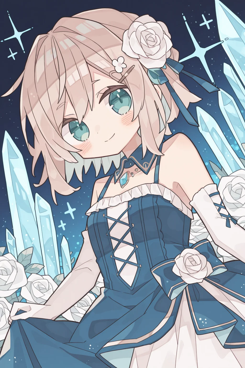 <lora:rororoyu:1>, rororoyu, 1girl, smile, gloves, solo, hair ornament, sparkle, dress, flower, hair flower, bare shoulders, white gloves, looking at viewer, white flower, night, white rose, jewelry, blush, detached collar, elbow gloves, gem, sleeveless, hairclip, rose, frills, blue dress, crystal, cross-laced clothes, sleeveless dress, dutch angle