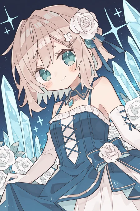 <lora:rororoyu:1>, rororoyu, 1girl, smile, gloves, solo, hair ornament, sparkle, dress, flower, hair flower, bare shoulders, white gloves, looking at viewer, white flower, night, white rose, jewelry, blush, detached collar, elbow gloves, gem, sleeveless, hairclip, rose, frills, blue dress, crystal, cross-laced clothes, sleeveless dress, dutch angle