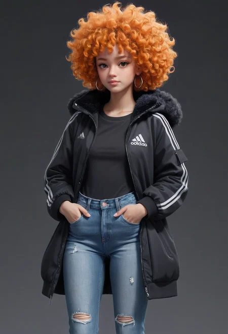 (Anime), (anime art of A cute girl with an orange curl, puffy afro wearing a black coat with fur on and a black adidas shirt and wearing jeans :1.2), masterpiece, 4k, best quality, anime art