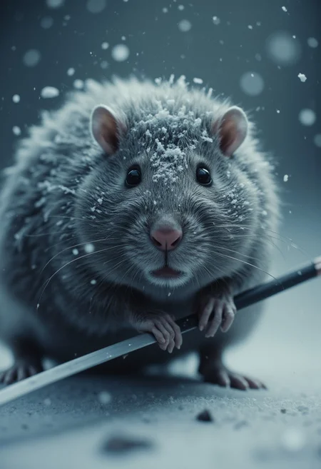 Kodak VISION3 250D analog film stocks, amazing quality, masterpiece, best quality, hyper detailed, ultra detailed, UHD, perfect anatomy, portrait, dof, hyper-realism, majestic, awesome, inspiring, closeup, a Samurai Rat in snow storm, atmospheric haze, cinamatic composition, soft shadows, national geographic style