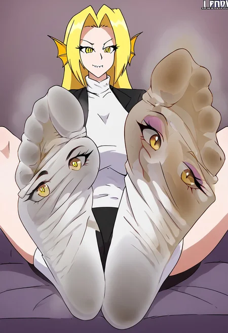 Dragon Girl. White skin, Yellow hair, yellow eyes, sharp teeth, ear fins. sultry seductive expression on her face, foot focus, dirty socks, foreshortening, sexy soles, sexy feet, foot fetish, one character. socks. dirty socks. faces on socks. living socks with worried eyes. solo character.