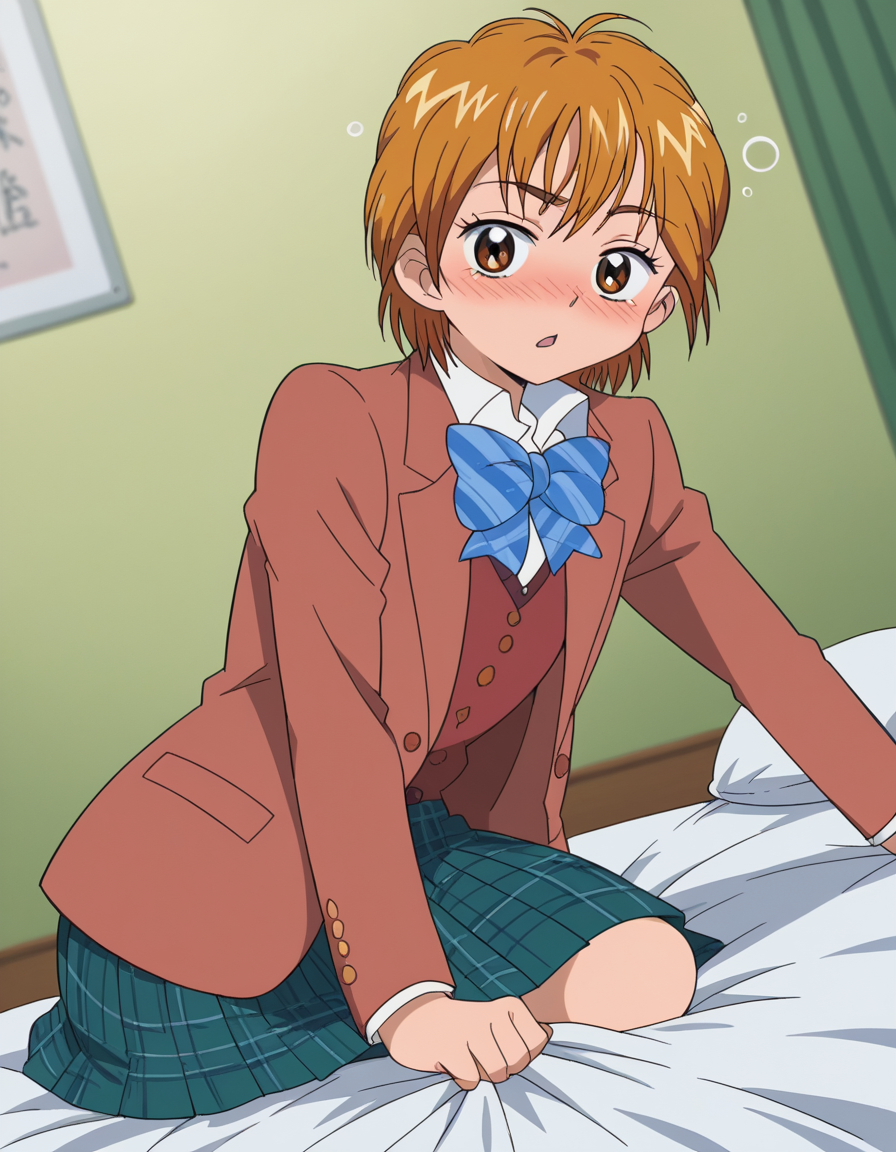 score_9, score_8_up, score_7_up, source_anime, <lora:nagisa-misumi-anime-ponyxl-lora-nochekaiser:1>, nagisa misumi, short hair, brown hair, brown eyes,, skirt, bow, school uniform, jacket, bowtie, blue bow, blazer, brown jacket, plaid, plaid skirt, green skirt, red blazer,, indoors, bed, bed room, on side, blush, drunk, looking at viewer, solo,, cowboy shot, dutch angle